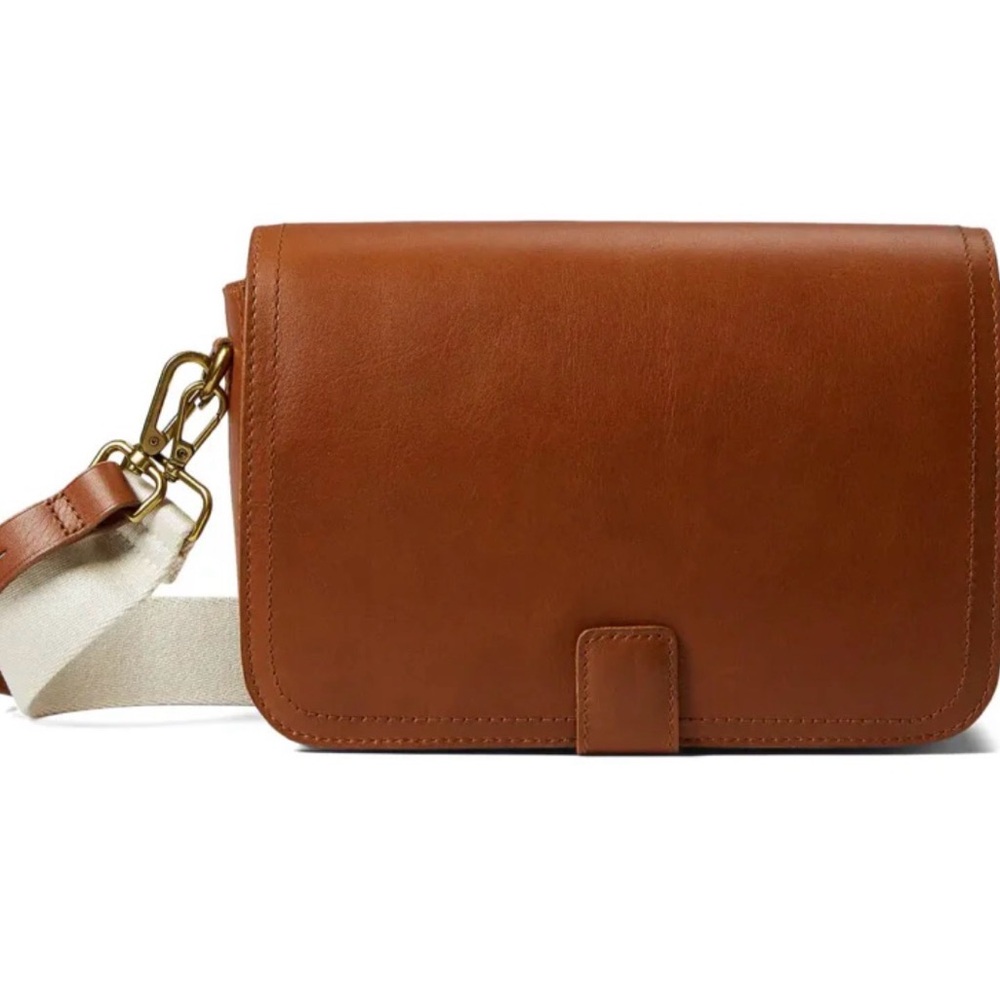 Madewell Camel Leather Flap Crossbody with Leather and Cream Straps